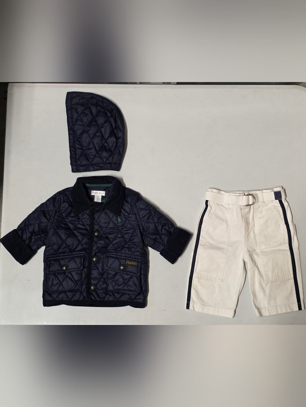 Ralph Lauren Baby Quilted Hooded Coat (navy) w/ Navy Pants And Buckle Loop Belt